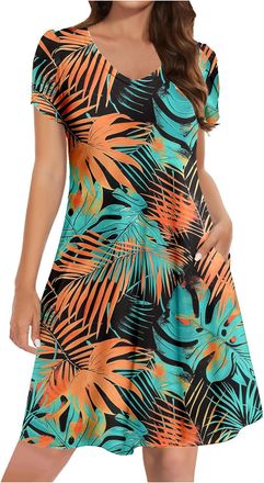 Generic Ladies Summer Dresses with Pockets, Womens Petite Shirt Dress UK Sale Clearance Casual Elegant A Line Swing Skaterdress Short Sleeve V Neck Holiday Cl