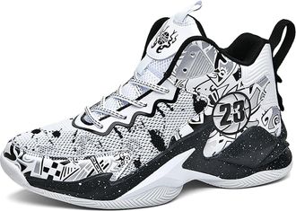 Generic Unisex Basketball Shoes with High Top Mesh Breathable Anti Slip Wear-Resistant Practical Sports Walking Shoes(Black White,4.5 UK)