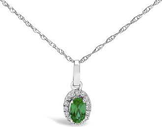 House of Brilliance 10K White Gold 5x3mm Green Emerald and Diamond Accent Halo Oval Shape 18 Pendant Necklace