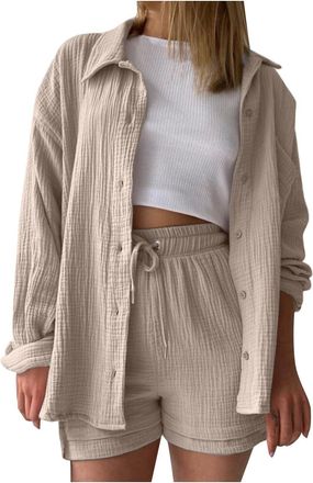 Generic 2 Piece Cotton Linen Set Women, Long Sleeve Blouses Tops and Wide Leg Shorts Co Ord Sets Tracksuit Oversized Loungewear Sets Y2k Aesthetic Clothes Lou
