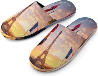Generic Rooster E-iffel Tower France Flag Mens Flannel Slipper Soft Comfy House Shoes Non Slip Winter Warm Indoor Outdoor Slippers