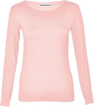 Janisramone Womens Ladies Round Neck Long Sleeve T-Shirt Stretchy Plain Fitted Basic Jersey Casual Tee Top Nude