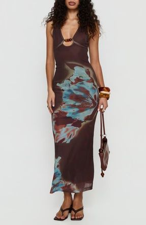 Princess Polly Maritsa Beaded Halter Maxi Dress in Brown Floral at Nordstrom, Size 0