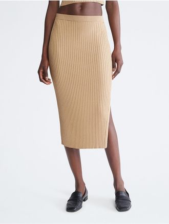 Calvin Klein Womens Ribbed Open Hem Skirt - Brown - XS
