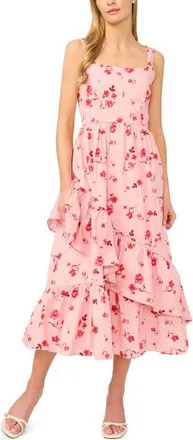 CeCe by Cynthia Steffe Floral Ruffle Detail Stretch Cotton Midi Dress in Coral Bloom at Nordstrom, Size 14