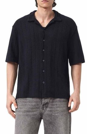 AllSaints Trace Textured Cotton Camp Shirt in Jet Black at Nordstrom, Size X-Large