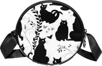 Generic Circle Crossbody Bag for Women, Paper Cut Cat Small Sling Bag Daypack with Zipper Adjustable Shoulder Straps Casual Ladies Girls Round Purse