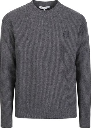 Maison Kitsun&eacute; Fox Head Ribbed Knit Embroidered Wool Sweater