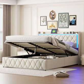 OEM Estructura De Cama 160x200 Cm - 240522ytt - Led - Hidr&aacute;ulica - Funci&oacute;n De Carga - Terciopelo - Cofre De Cama - 160x200 Cm - Beige