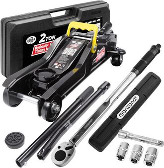 Deuba Set De Gato Hidr&aacute;ulico De 2t Elevador De Coches Y Llave Dinamom&eacute;trica De 6 Piezas Con Caja Accesorios