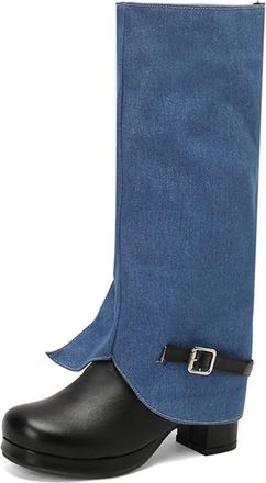 Generic Womens Round Toe Retro Dress Boots with Zipper PU Leather Platform Long Boots Block Heel Knee High Boot,Blue1,10.5 UK