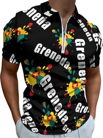 Generic Flag of Grenada Mens Zippered Polo Shirt Casual T Shirts Short Sleeve Tops Golf Running L