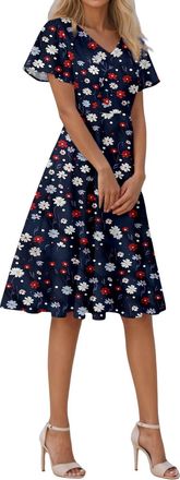 Generic Summer Dresses for Women Short Sleeve V-Neck Floral Wrap Waist Casual Dress Casual Plus Size Bohemian Floral Midi Summer Beach Swing Boho Dress Holida