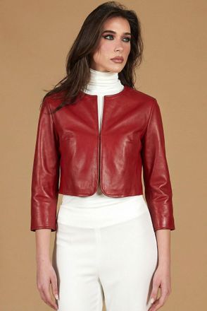 D'Arienzo Giacca corta bolero in pelle rossa girocollo nappa effetto liscio DArienzo, Seleziona Taglia L, Colore Rosso