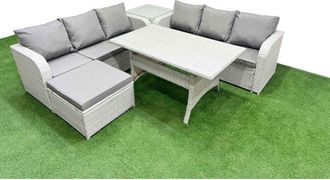 Fimous Outdoor Garden Furniture Sets 7 Seater Wicker Rattan Furniture Sofa Sets with Rectangular Dining Table high Back Lounge Sofa Big Footstool Side Table