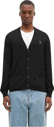 Maison Kitsun&eacute; Regular Cardigan met Grote Voskop Patch - Heren - Vesten - Zwart - L - Wol - Truien & Vesten