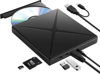 OEM Lector Grabador Cd Dvd Externo - Usb 3 0 Y Tipo C - Lector Tarjeta Sd Tf - 2 Puertos Usb A - Compatible Con Windows Mac Linux - Negro