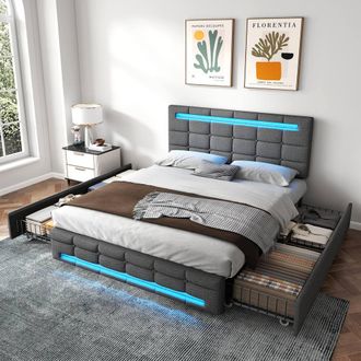Merax 4ft6 Double Grey Linen Upholstered Bed with 4 Drawers & LED Lighting