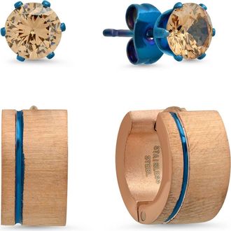 Steeltime HMY JEWELRY Two-Tone 18K Gold Plated & Blue IP Stainless Steel Simulated Diamond Stud & Huggie Earrings Set in Rose at Nordstrom Rack