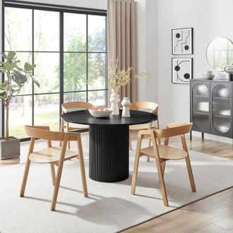 Furniturebox Penrose Black Round Dining Table & 4 Oak Masa Chairs in Light Oak