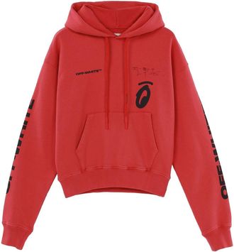 Off-white FW19 Splitted Arrows Oversized Graffiti Hooded Fleece Men Red OMBB037E19D250102010