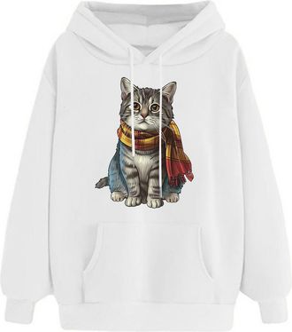 Generic Hooded Sweatshirt Women Cat Hoodies For Women Long Sleeve Casual Jumpers Cute Animal Print Pullover Tops Blouse Cartoon Print Tees Shirts Streetwear O