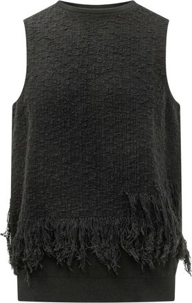 Yohji Yamamoto Gebreid Vest met Franjes en 3 Strepen - Dames - Tops zonder mouwen - Zwart - S - Wol - Tops