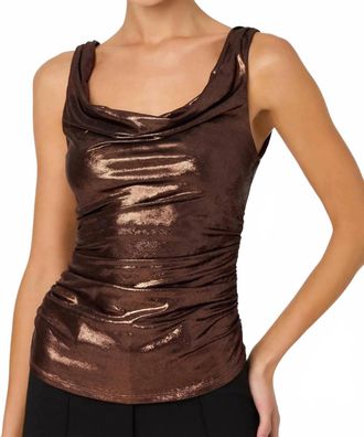 Astr Leanne Metallic Cowl Neck Top In Brown