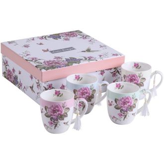 None Set di 4 tazze da t&egrave; e caff&egrave; in porcellana - Design Shabby Chic con uccelli, rose e farfalle in confezione regalo - 330 ml