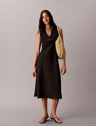 Calvin Klein Vestido Midi De Crep&eacute; Satinado Con Cuello De Pico