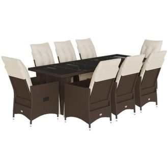 vidaXL Set De Mesa Y Sillas Jard&iacute;n 9 Piezas Y Cojines Rat&aacute;n Pe Marr&oacute;n Vidaxl