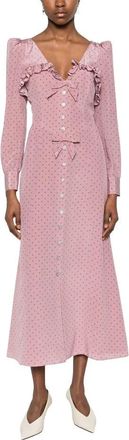 Alessandra Rich V-neck Bow Midi Jurk - Dames - Casual kleedjes - Roze - 2XS - Kleedjes