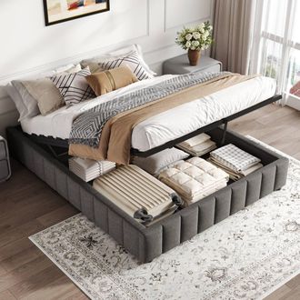 Matteo 4ft6 Double Linen Ottoman Bed Frame - No Headboard, Storage, Grey