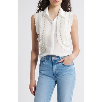 Nikki Lund Maite Embellished Ruffle Sleeveless Shirt in White at Nordstrom, Size X-Small
