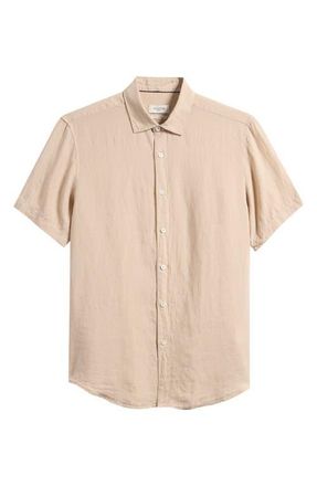 Bugatchi Orson Shaped Fit Short Sleeve Linen Button-Up Shirt in Sand at Nordstrom, Size Xxx-Large