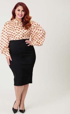 Unique Vintage Plus Size Back Pleat Pencil Skirt in Black Solid at Nordstrom, Size 3X