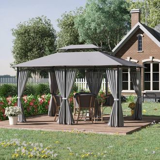 OUTSUNNY 4m x 3(m) Outdoor 2-Tier Steel Frame Gazebo w/ Curtains Outdoor Garden in Dark Grey