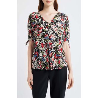 Anne Klein Floral Print Short Sleeve Jersey Top in Anne Black Multi at Nordstrom, Size X-Large P