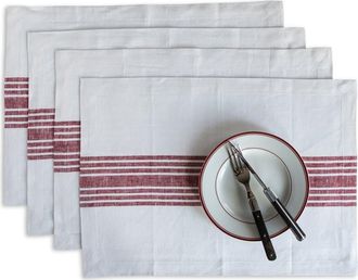 Solino Home Linen Placemats Set of 4, 14 x 19 Inch for Dining Table, Holiday and Everyday Table Decor - Farmhouse in Burgundy And White at Nordstrom