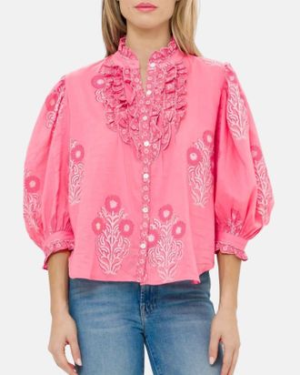 Oliphant Ruffle Front Button Blouse In Raton Pink