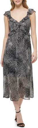 Kensie Palm Print Ruffle Empire Waist Chiffon Midi Dress in Black Multi at Nordstrom Rack, Size 10