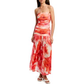 Bardot Solana Blurred Floral Drop Waist Mesh Maxi Dress in Pink Abstract at Nordstrom, Size 12