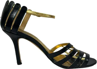 Manolo Blahnik Two Tone Ankle Strap Sandals in Black Leather