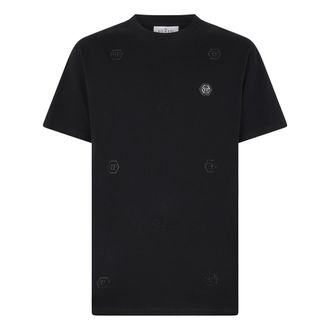Philipp Plein Tops, Heren, Zwart, M, Katoen, Round Neck T-Shirt Monogram Stones
