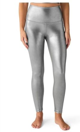 Beyond Yoga Caught In The Midi Hight Wasted Leggings In Metallic Silver