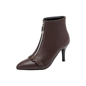 Generic Womens Fashion Ankle Boots Pointed Toe Medium Thin Heel Slip On With Front Zipper And Buckle Decoration Casual Shoes