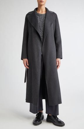 Max Mara Poldo Belted Virgin Wool Long Wrap Coat in Dark Grey at Nordstrom, Size 14