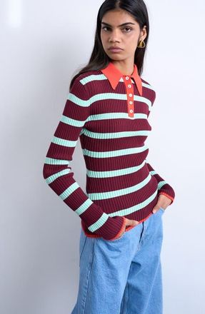 Topshop Stripe Long Sleeve Rib Polo in Burgundy Multi at Nordstrom, Size X-Small
