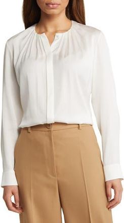 BOSS Banorah Pleat Neck Stretch Silk Blouse in Open Wht at Nordstrom Rack, Size 10