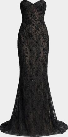 Mac Duggal Embellished Floral Lace Strapless Gown